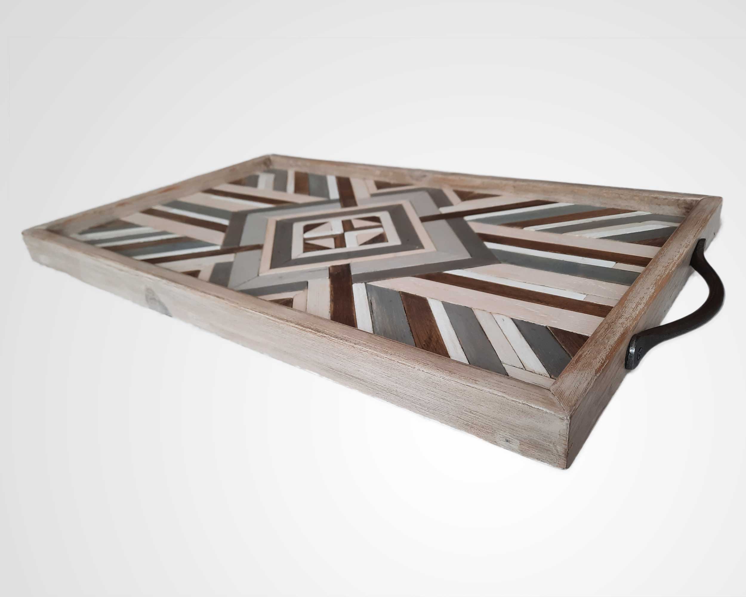 Decorative Tray with Geometric Wood Mosaic Art