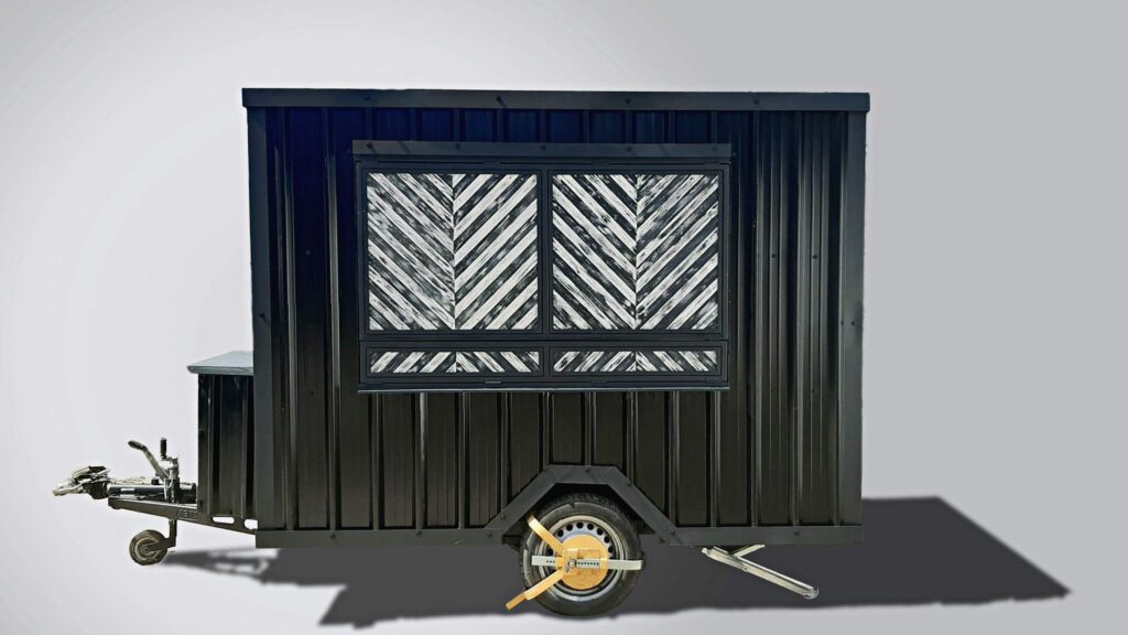 A custom made, mobile catering trailer for street food traders, private even caterers, and food markets stall holders. Made in th UK with an artistic, eye catching, industrial style look. Contact for your custom made trailer.