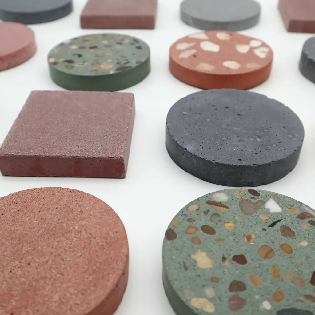 Bespoke, custom concrete colour, finish, and texture samples. A commission work process, creating samples for interior designers and architects to match their interior decor, colour and tone.