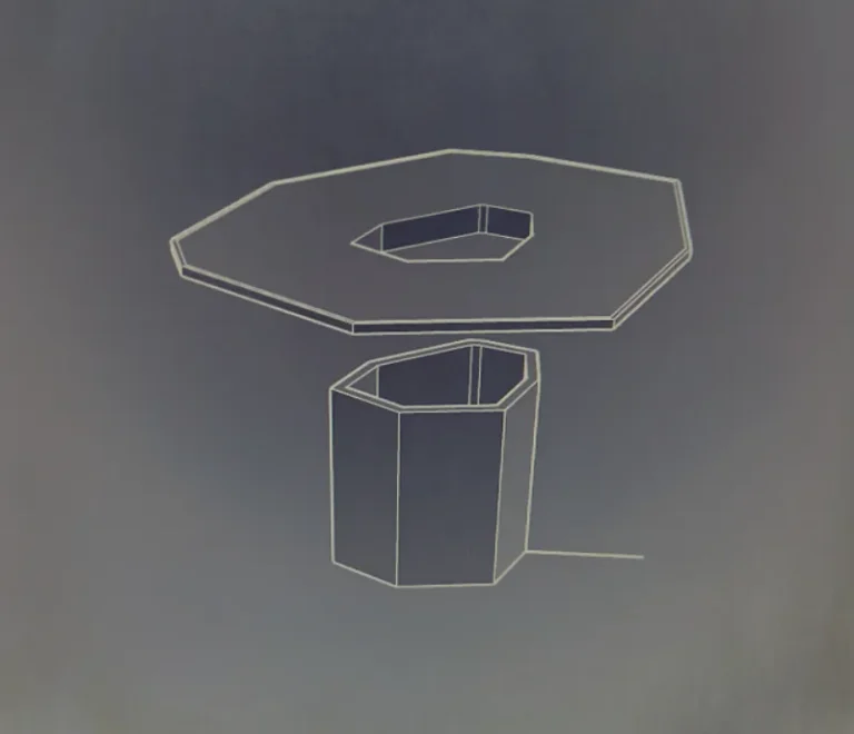 3d model sketch of bespoke contemporary bar table for a UK Gym franchise, showing abstract angled tabletop with integrated planter and matching angular design, pedestal base.