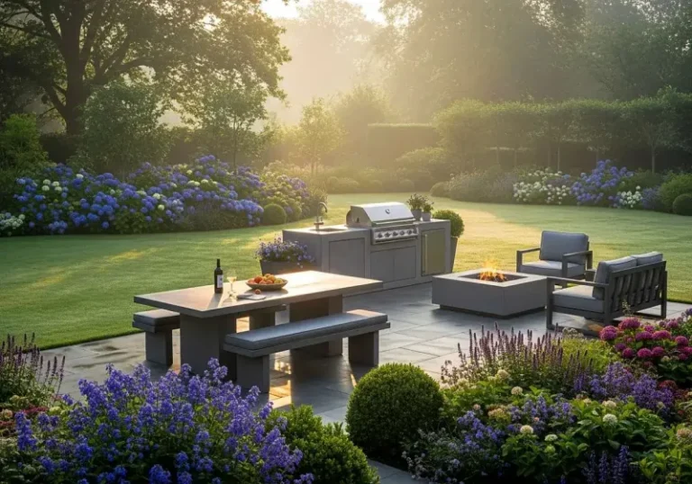 Bespoke outdoor concrete living, showing kitchen and bbq station, fire pit and concrete dining table with benches in a premium landscape garden design.