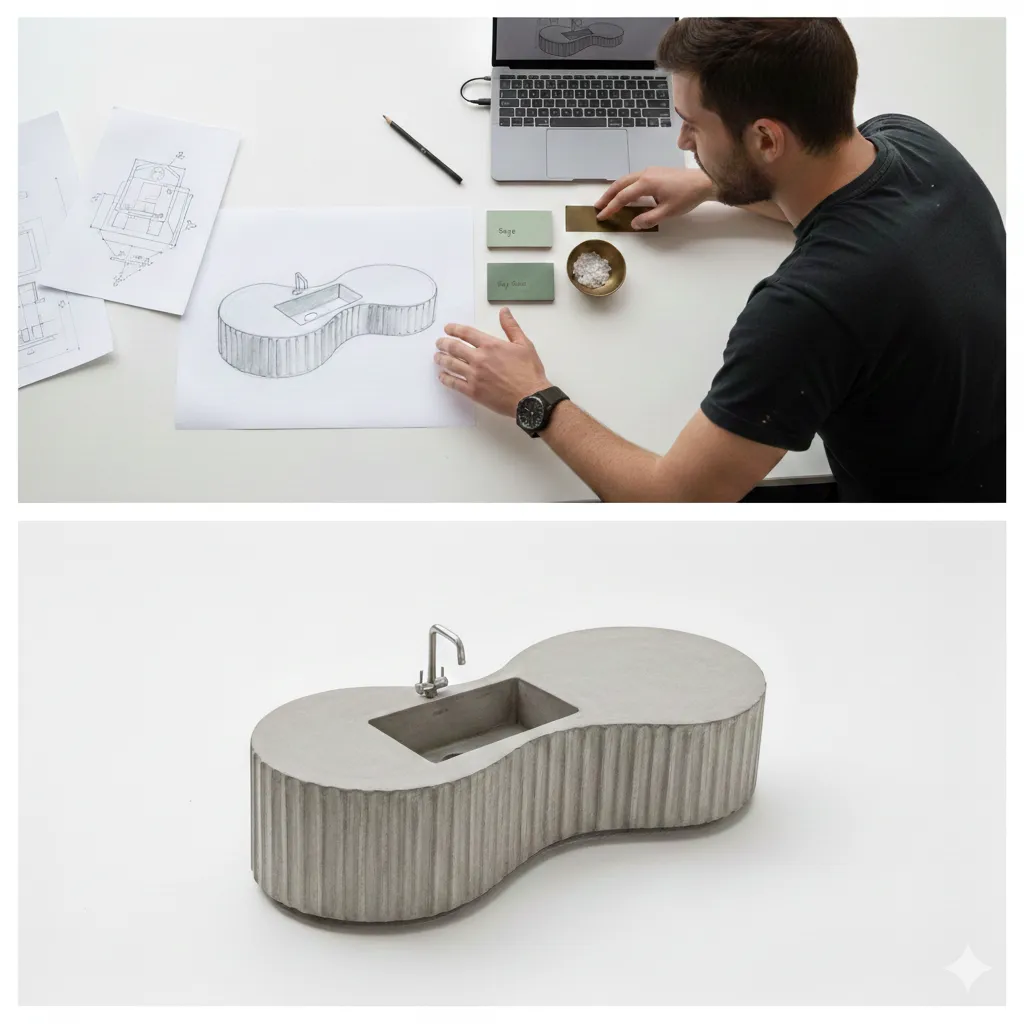 A bespoke commercial wash basin design, sketch to fabrication process. Showing the drawings of concrete basin island design, discussing with concrete colour samples. And on second part, it shows the fabricated commercial basin island in London UK.