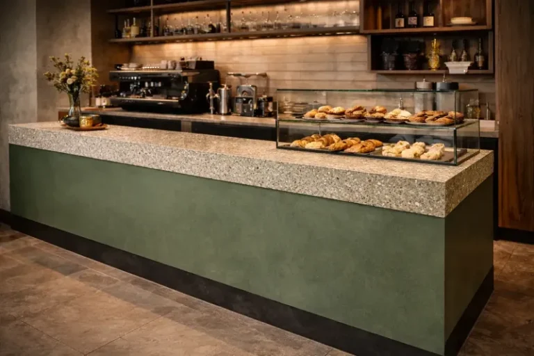 Custom pigmented concrete reception counter with solid and terrazzo finish concrete combination for a high-end commercial London workspace. Shown in picture is the implementation in a uk cafe & bakery settings.