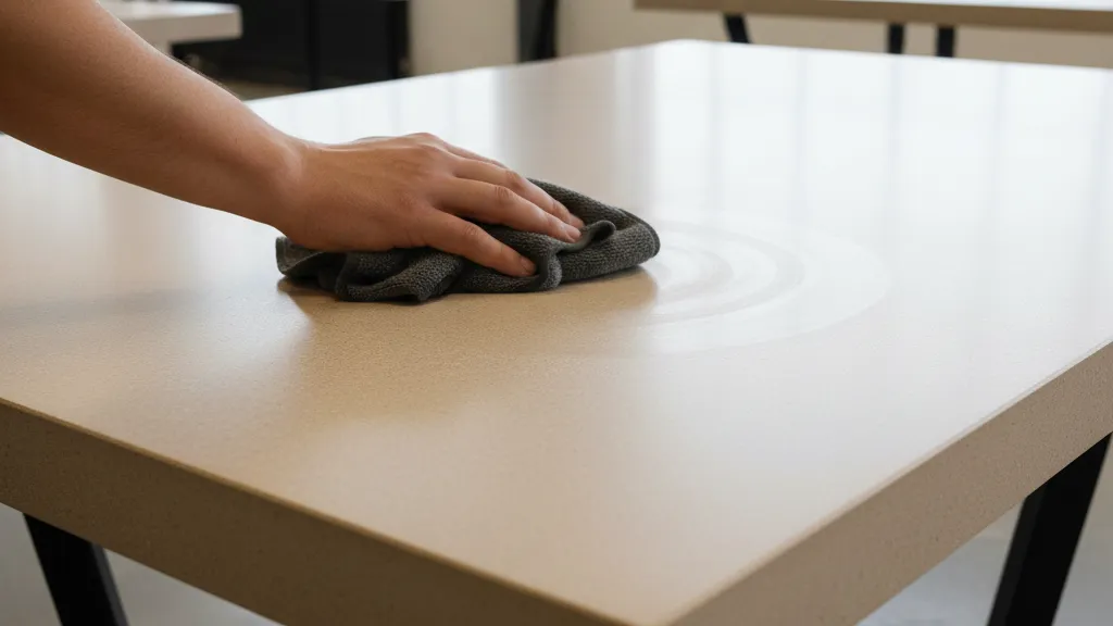 A close shot of a concrete hospitality dining table cleaning -wiping with damp cloth. A limestone colour concrete surface in bright light shows a satin, clean surface without any stain marks.