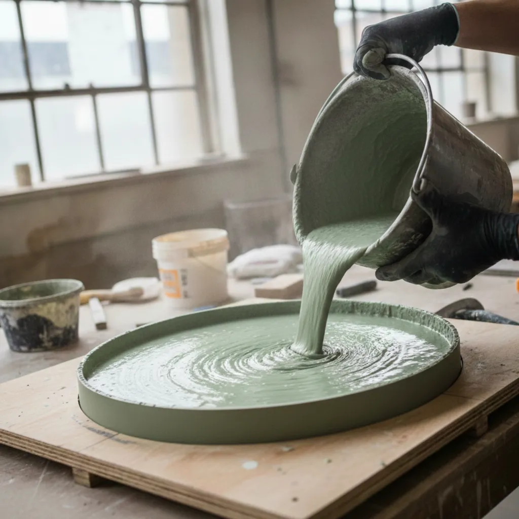 Close-up shot of artisan hand-casting a sage green colour concrete round table in London Studio.
