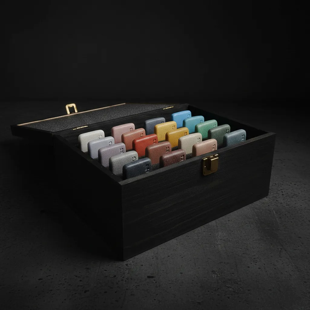 Gumi Works' curated concrete colour samples presentation in a premium black wooden box containing 20 sample piece for UK interiors.
