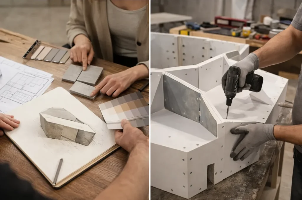 split image showing collaboration and with interior designer - contact-bespoke-concrete discussing over a reception desk sketch for bespoke concrete fabrication. and one side showing; concrete fabrication -building a custom mould for the concrete reception desk in London studio UK.