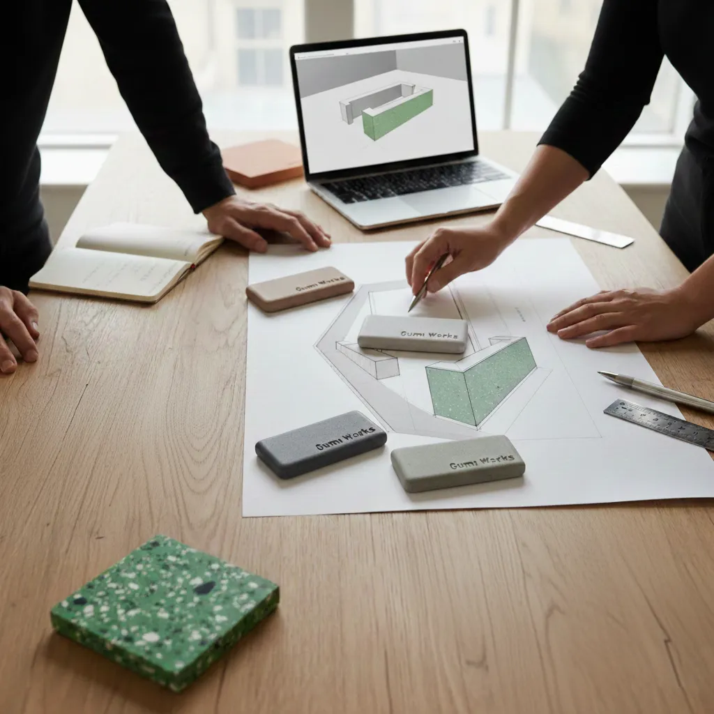 Bespoke concrete project for London cafe -serving and cashier counter and display bar. Project realisation with interior designer over drawings, concrete and terrazzo samples on table.