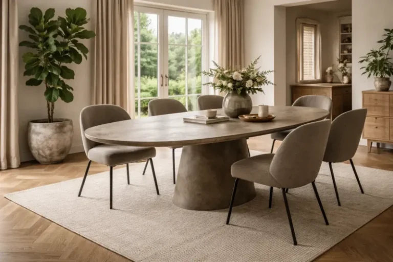Oval bespoke concrete dining table with pedestal base for a modern residential interior design project -London UK.