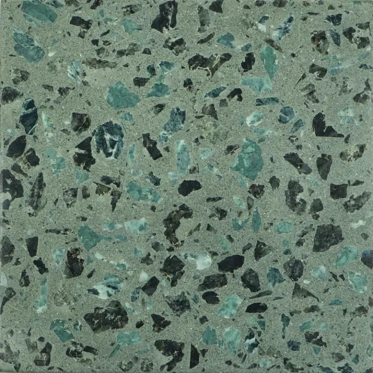 Polished terrazzo concrete finish featuring recycled green marble and granite aggregates.