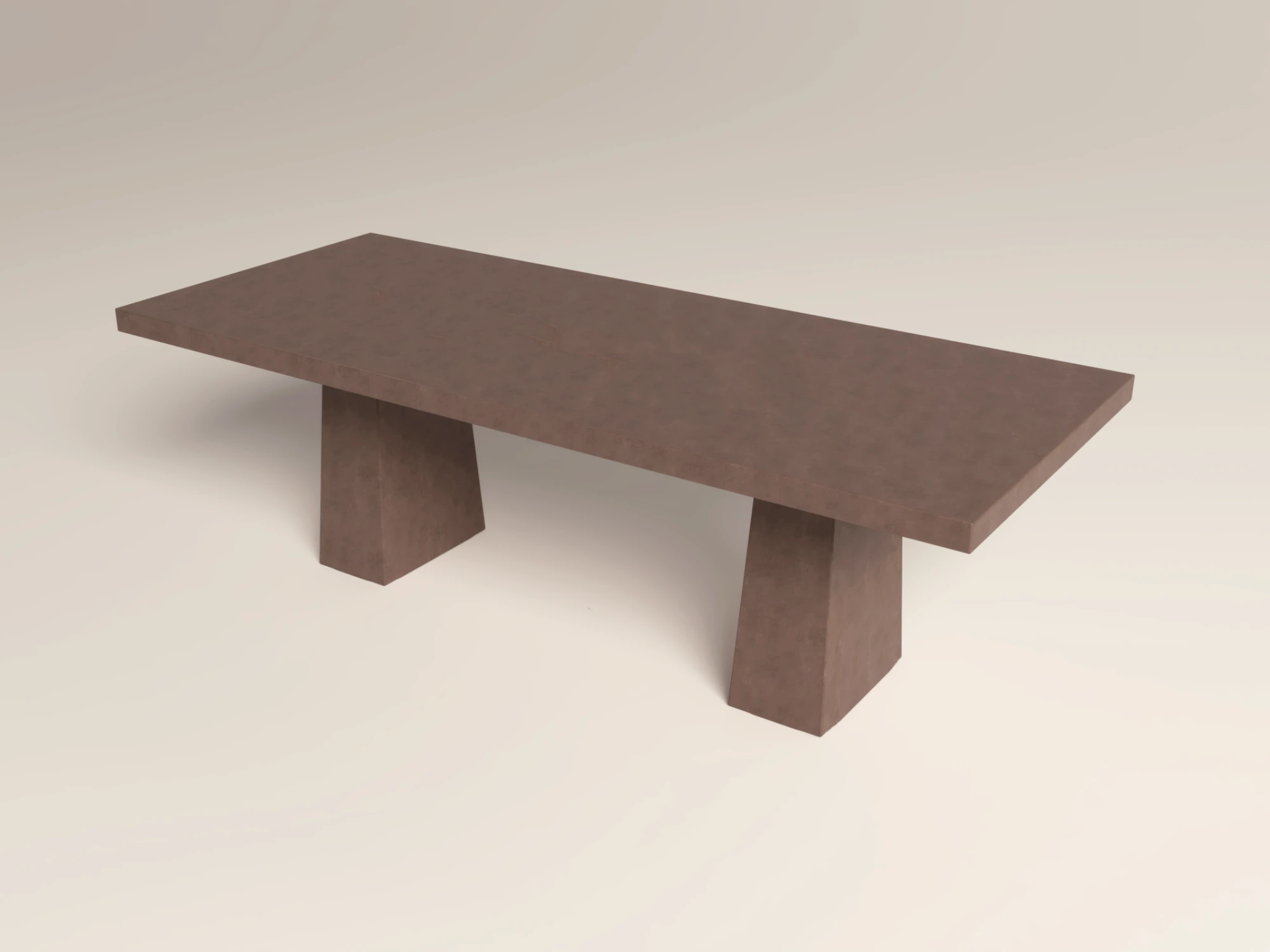 Concrete-dining-table-pedestal-handmade-london-uk Bespoke concrete dining table with architectural trapezoid double pedestal base. Top view of table, finished in earthy colour polished concrete.