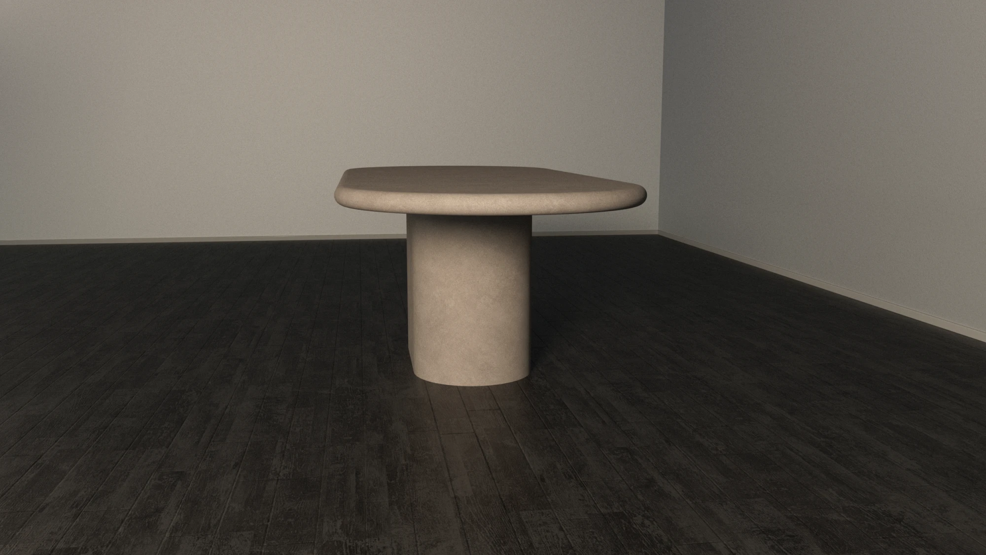 capsule-pill-shape-pedestal-dining-table-japandi-soft-interior-uk-front Pill shaped concrete dining table -made in London studio with polished concrete in clay colour for uk interiors.