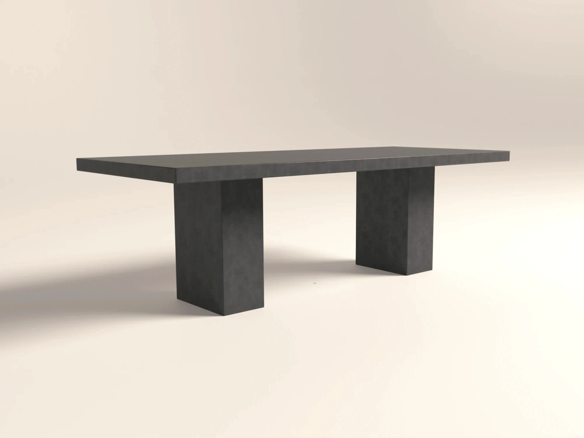 Cross-view of rectangular concrete dining table with twin pedestal base, designed in modern industrial, brutalist aesthetic -handmade by GumiWorks in London.