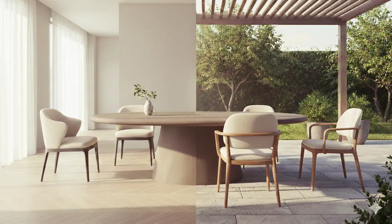 Concrete dining table shown in, indoor and outdoor residential setting.