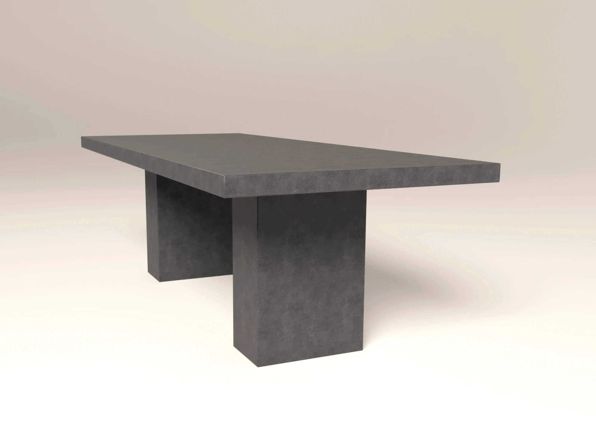 Modern brutalist style concrete table. Monolithic double pedestal base, shown in dark grey colour -handmade in London.
