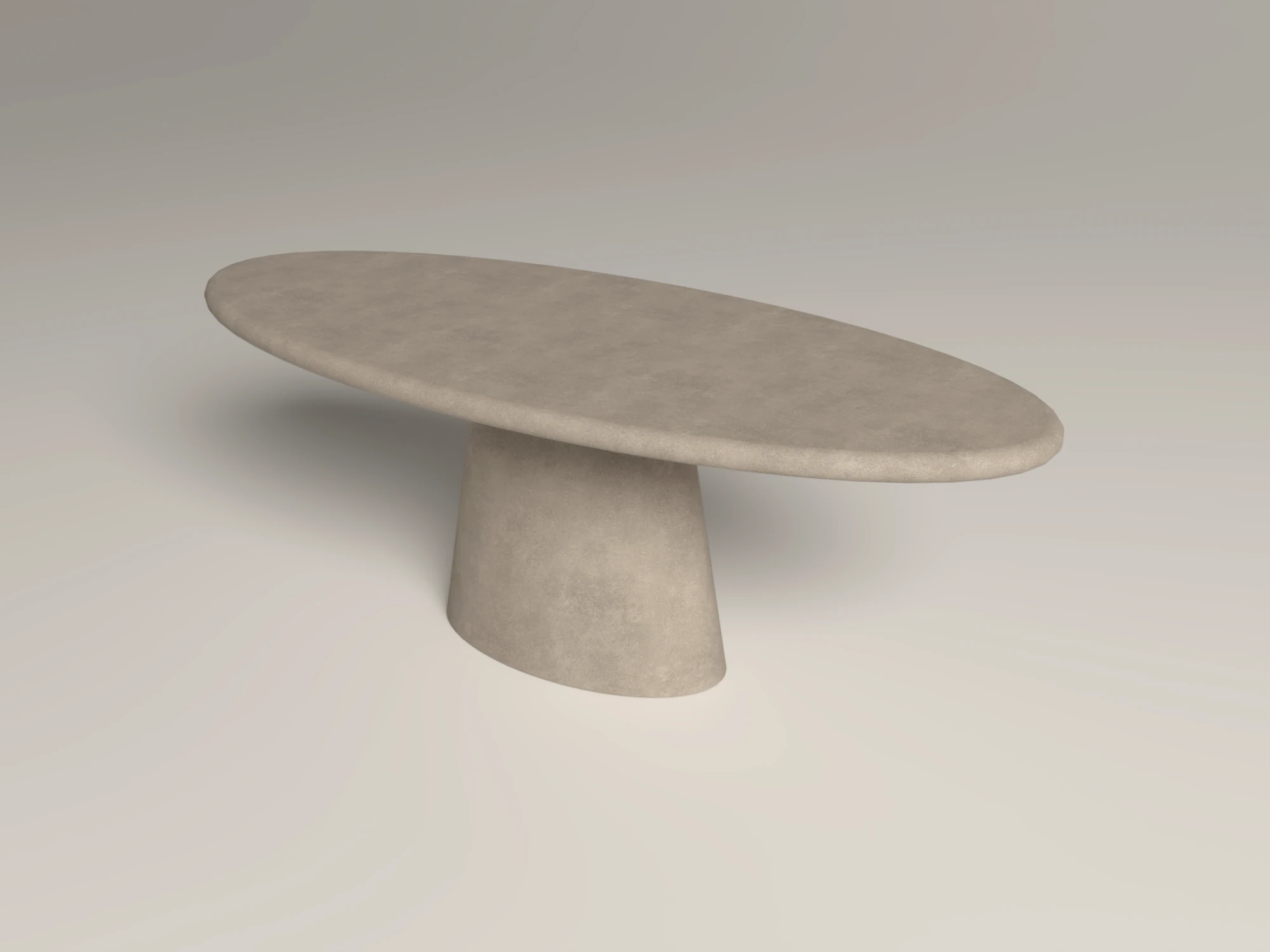 concrete-dining-table-oval-scultural-pedestal-base-uk-handmade Oval dining table with pedestal base. Cross view of table, made with gfrc concrete, in sand colour. Has modern style that will suit modern minimalist to contemporary UK interiors.