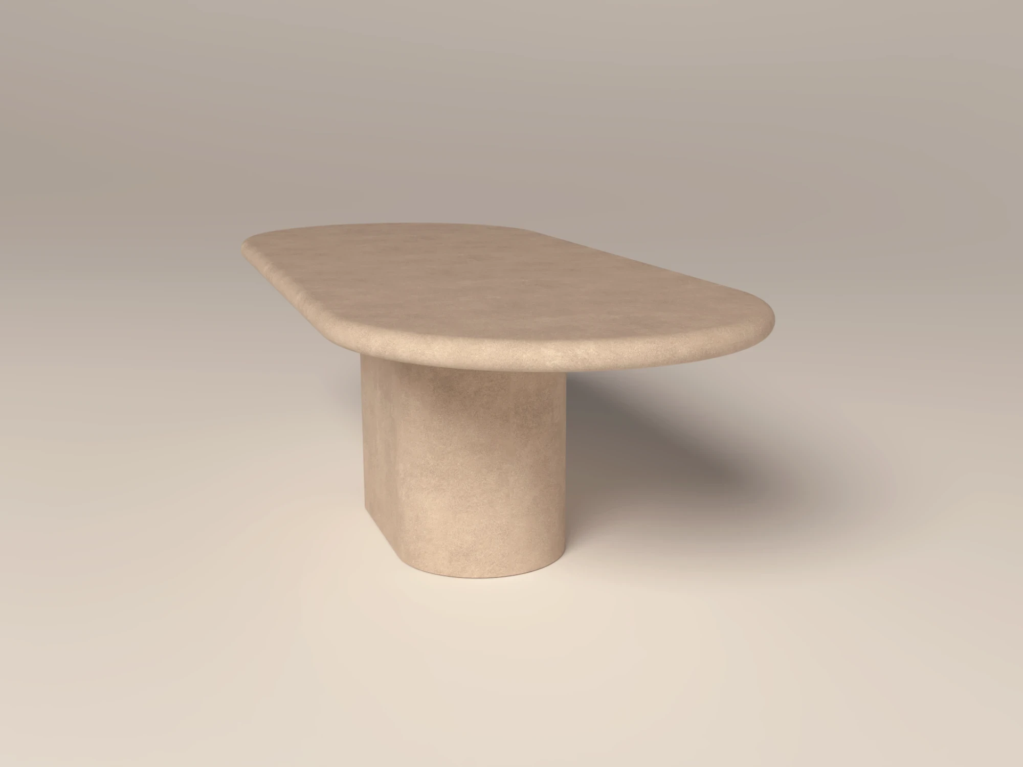 Pill shaped, oval concrete dining table -handmade in London studio with polished concrete in clay colour for uk interiors.