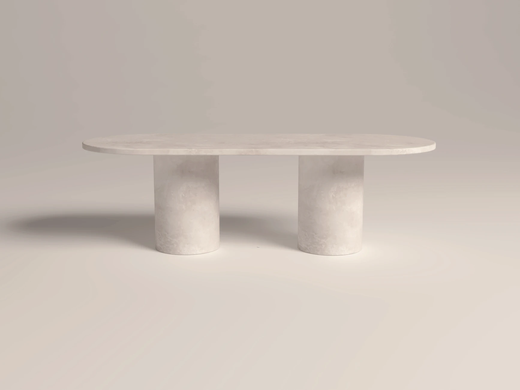 concrete-diningg-table-uk-oval-bespoke-size-london-UK Pill shaped, oval dining table. Made with gfrc concrete. Shown from side view in off-white polished concrete finish.