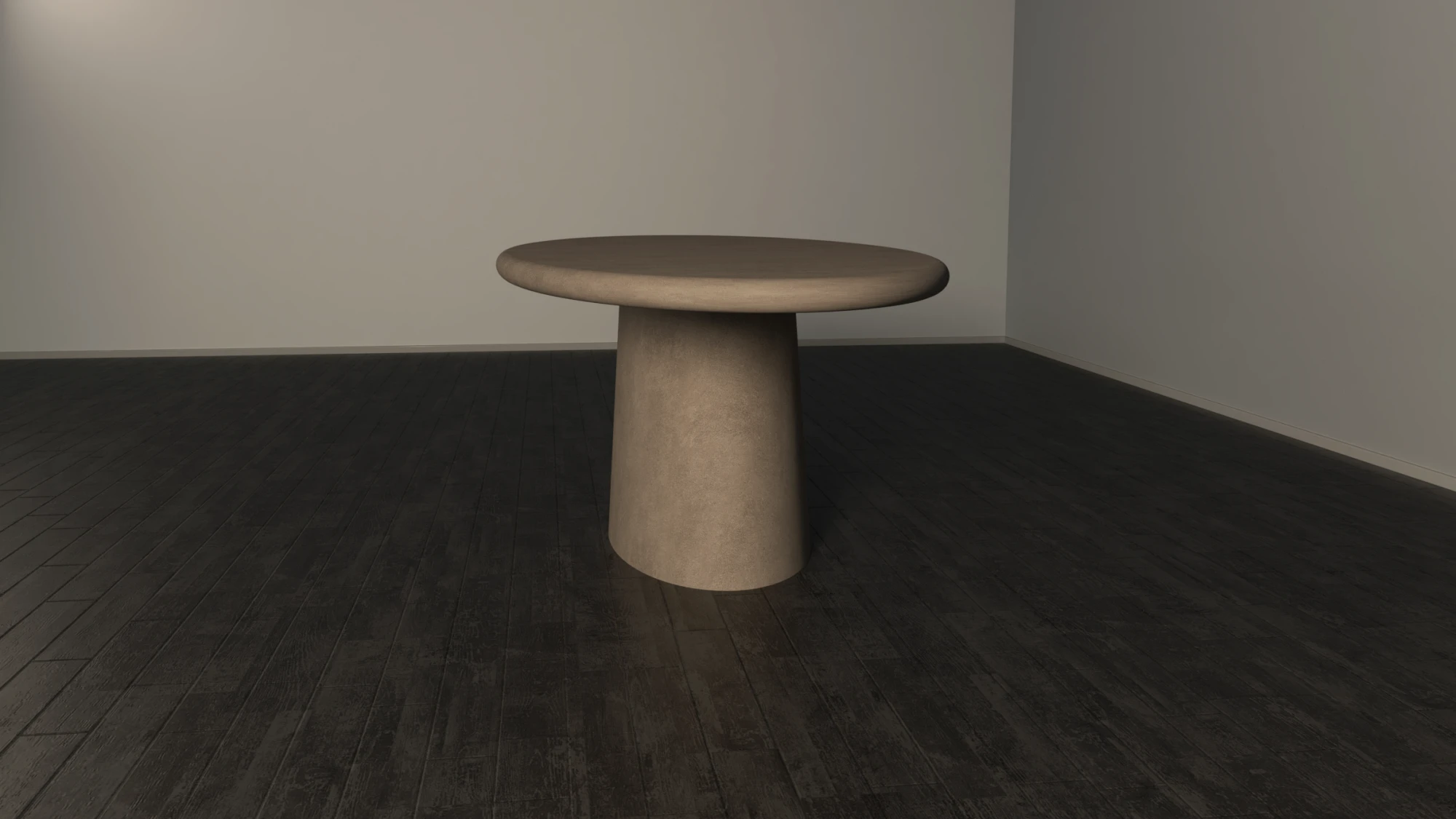 egg-shaped-dining-table-scultural-pedestal-base-modern-japandi-front Oval dining table with pedestal base. Front view of table, made with gfrc concrete, in sand colour. Has soft modern minimalist style.