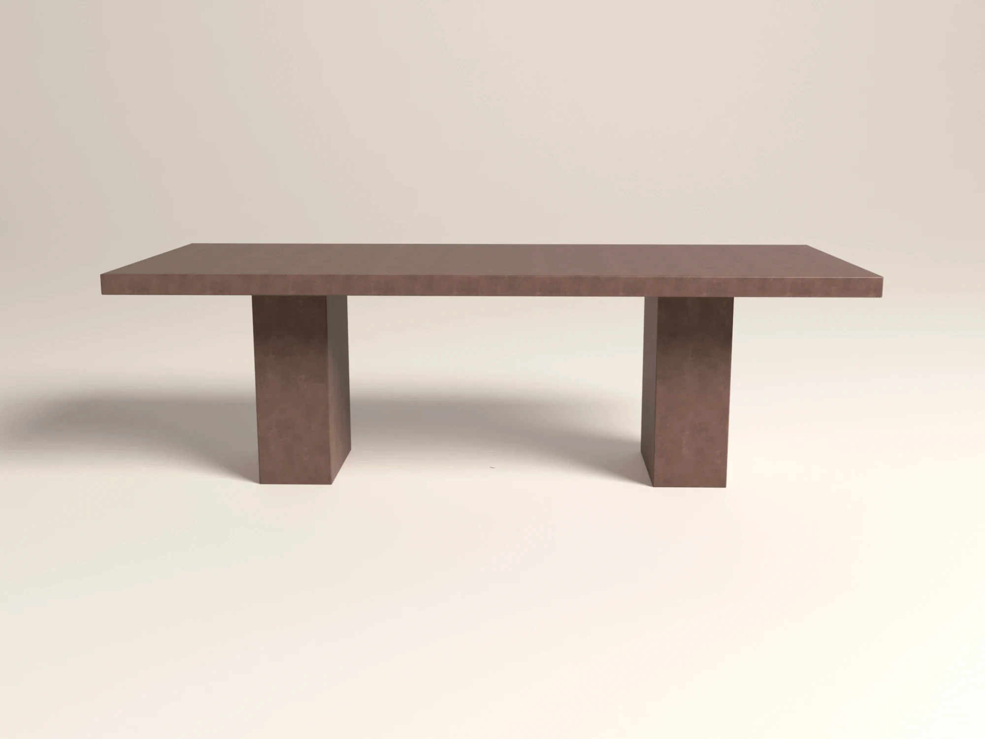 Earthy colour concrete dining table in modern brutalist style -rectangular double pedestal table for indoor and outdoor use in the UK.
