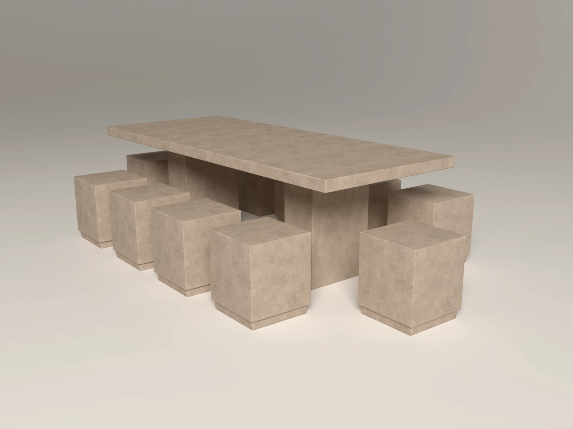 An outdoor concrete dining table with stools -customisable size and colour, handmade in London for residential and commercial spaces.