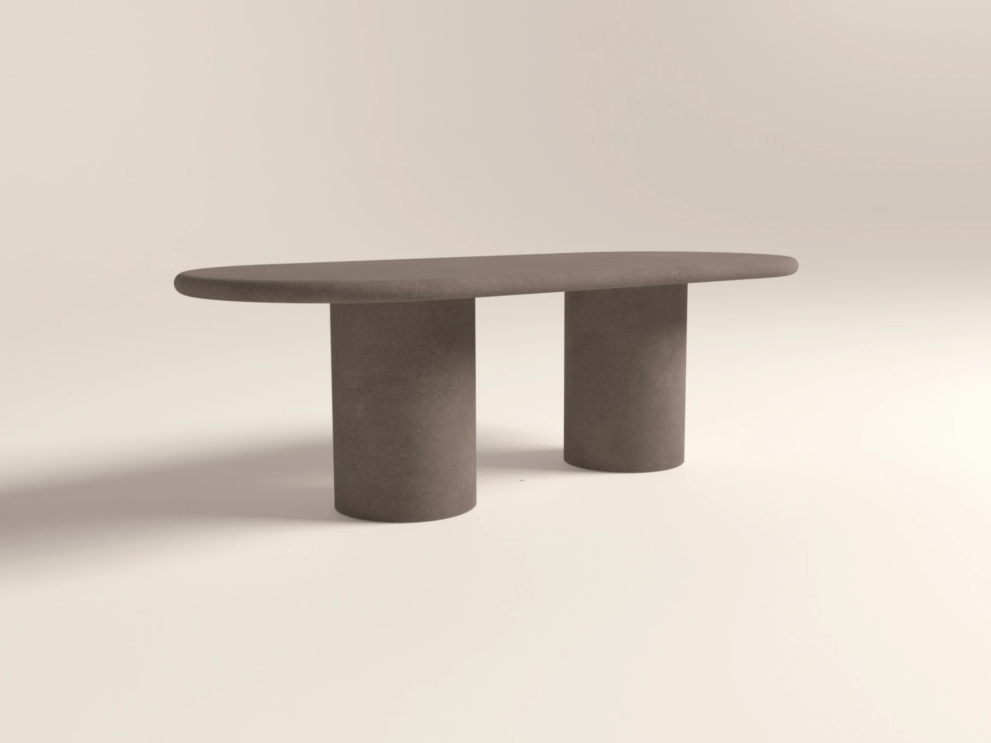 oval-concrete-dining-table-double-pedestal-lower-back-london-bespoke Concrete dining table in oval, pill-shape top with double circular pedestal base. Shown in earthy polished concrete finish.