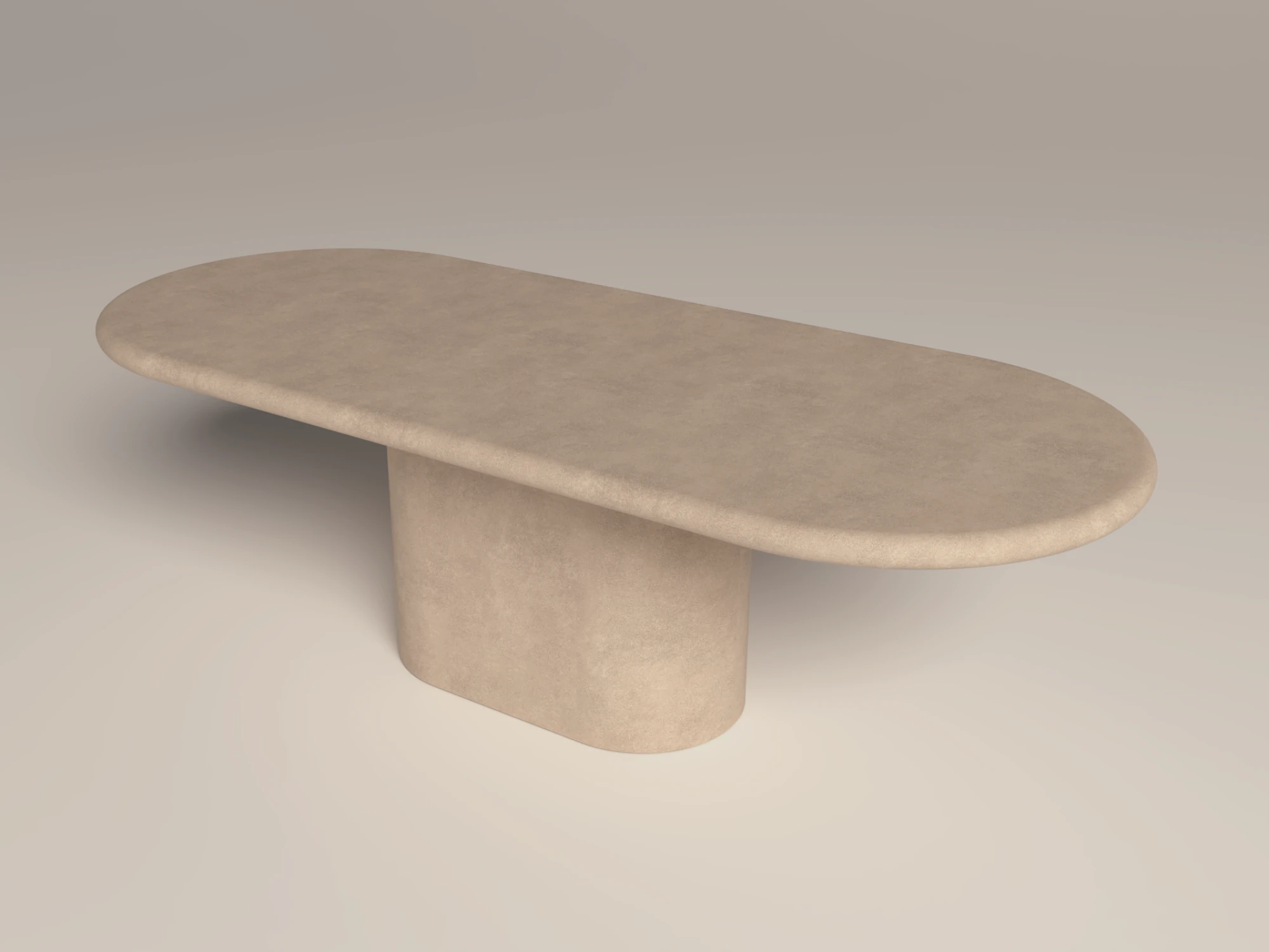 Handmade concrete dining table with pill-shape tabletop and pedestal base, shown at cross-angle view. Surface finished in clay colour polished concrete made in London for UK interiors.