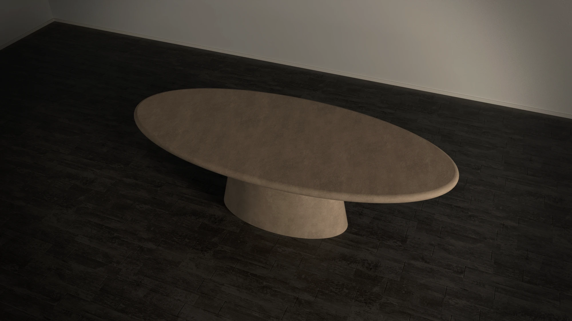 oval-dining-table-concrete-pedestal-base-top-view Oval dining table with pedestal base. Top view of table, made with gfrc concrete, in sand colour. Japandi style design.