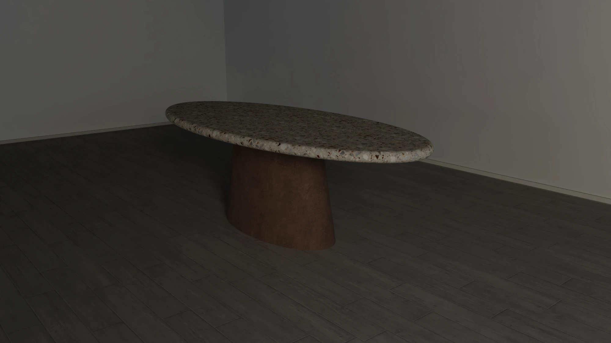 oval-dining-table-concrete-terrazzo-polished-sculltural-pedestal-base-cross-view Oval dining table with pedestal base. Cross view of table, made with gfrc concrete, in sand solid taupe and limestone terrazzo. Has modern Avant Garde style that will suit modern minimalist to contemporary interiors.