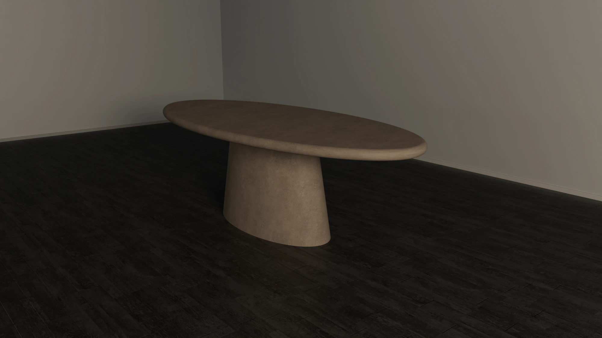 oval-dining-table-polished-concrete-sculptural-pedestal-modern-japandi-perspective-london-uk Oval dining table with pedestal base. Cross view of table, made with gfrc concrete, in sand colour. Has modern style that will suit modern minimalist to contemporary interiors.