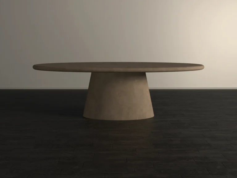 Oval dining table in soft sand colour, made with polished concrete. Elliptical tabletop with conical pedestal base -soft minimalist, Japandi style design. side view if soft natural light.