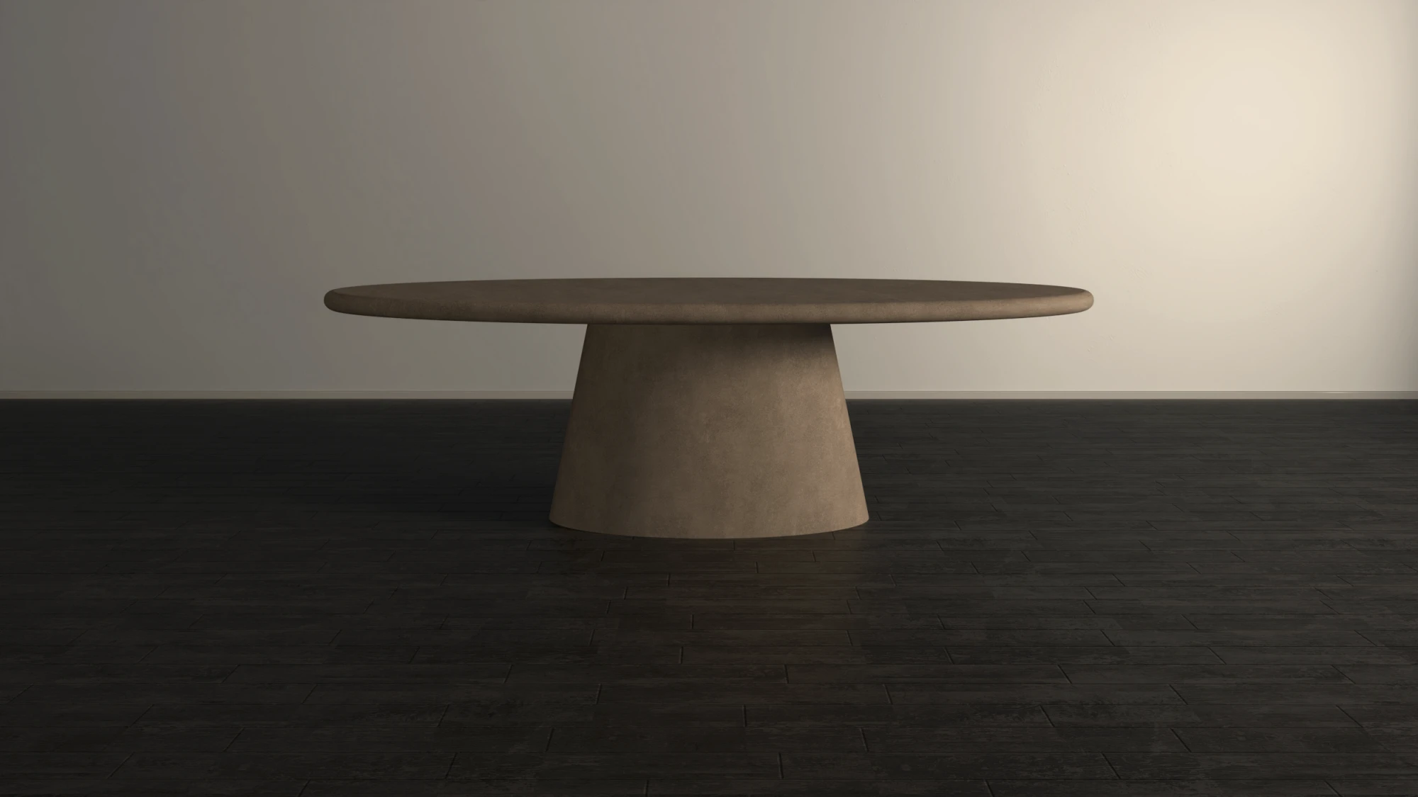 oval-elliptical-dining-table-pedestal-base-modern-minimalist-japandi-side-view Oval dining table in soft sand colour, made with polished concrete. Elliptical tabletop with conical pedestal base -soft minimalist, Japandi style design. side view if soft natural light.