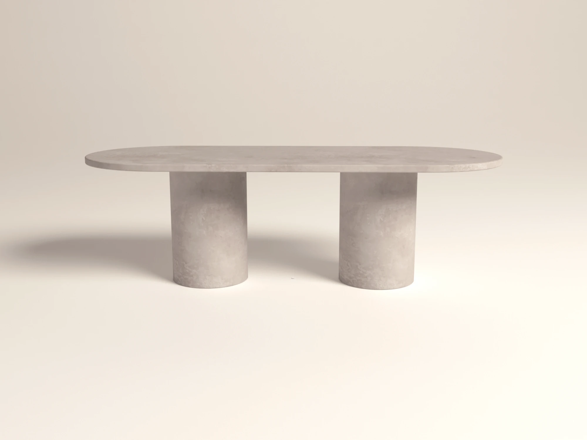 oval-pill-shape-concrete-dining-table-grey-bespoke-london Concrete dining table with double circular pedestal base. Bespoke smoke grey colour, handmade in London Studio.