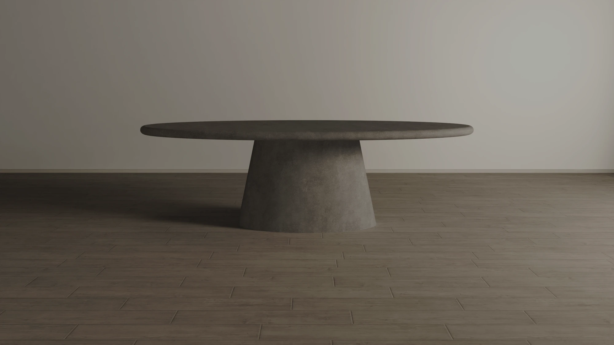 oval-polished-concrete-dining-table-gray-side-view-uk Oval Concrete Dining Table with Conical Pedestal Base