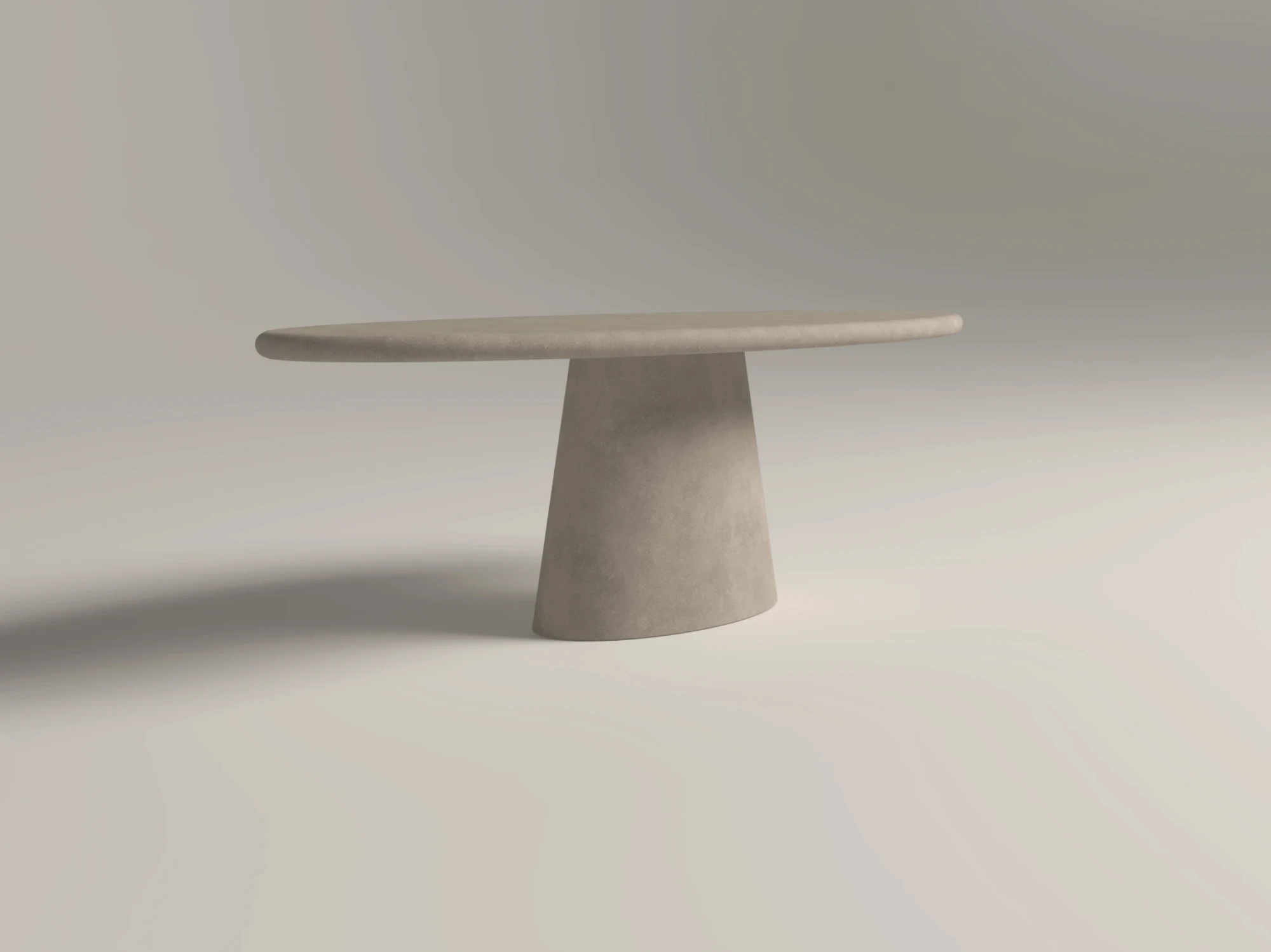 oval-sculptural-concrete-dining-table-clay-perspective-london-uk Sculptural dining table -oval tabletop with monolithic pedestal base. Handmade by Gumiworks in London.