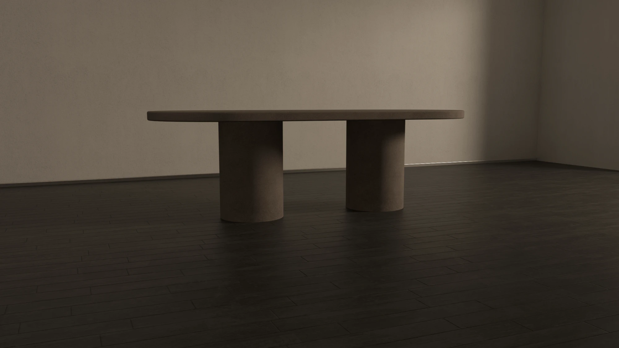 pill-shape-concrete-dining-table-double-pedestal-lower-back Pill shaped, racetrack dining table. Made with gfrc concrete. Shown in lower back angle.