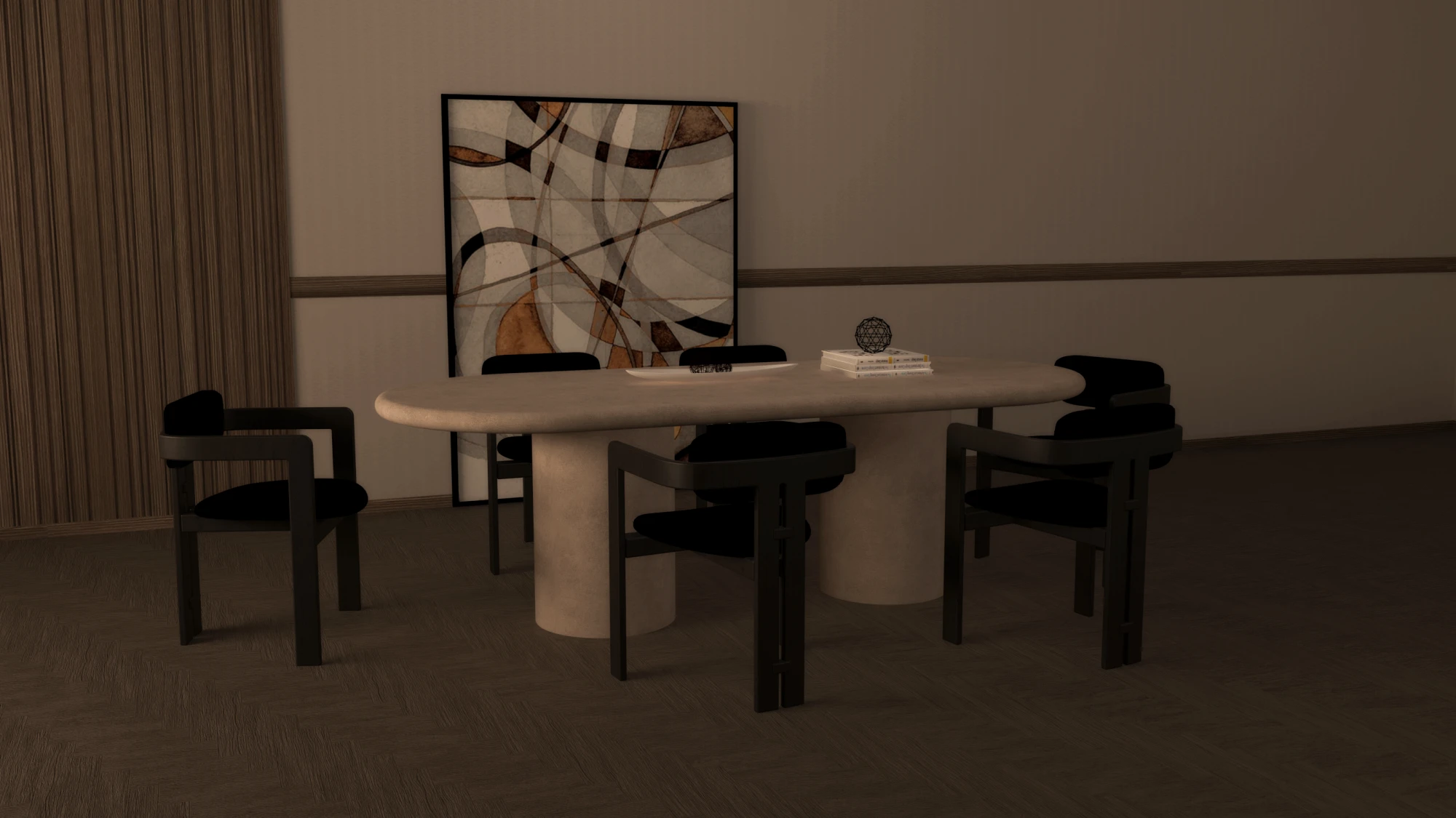 pill-shape-concrete-dining-table-double-pedestal-modern-japandi-interior-design Modern Japandi Style interior design with pill shaped, double pedestal dining table. wide angle shot of the contemporary dining room.