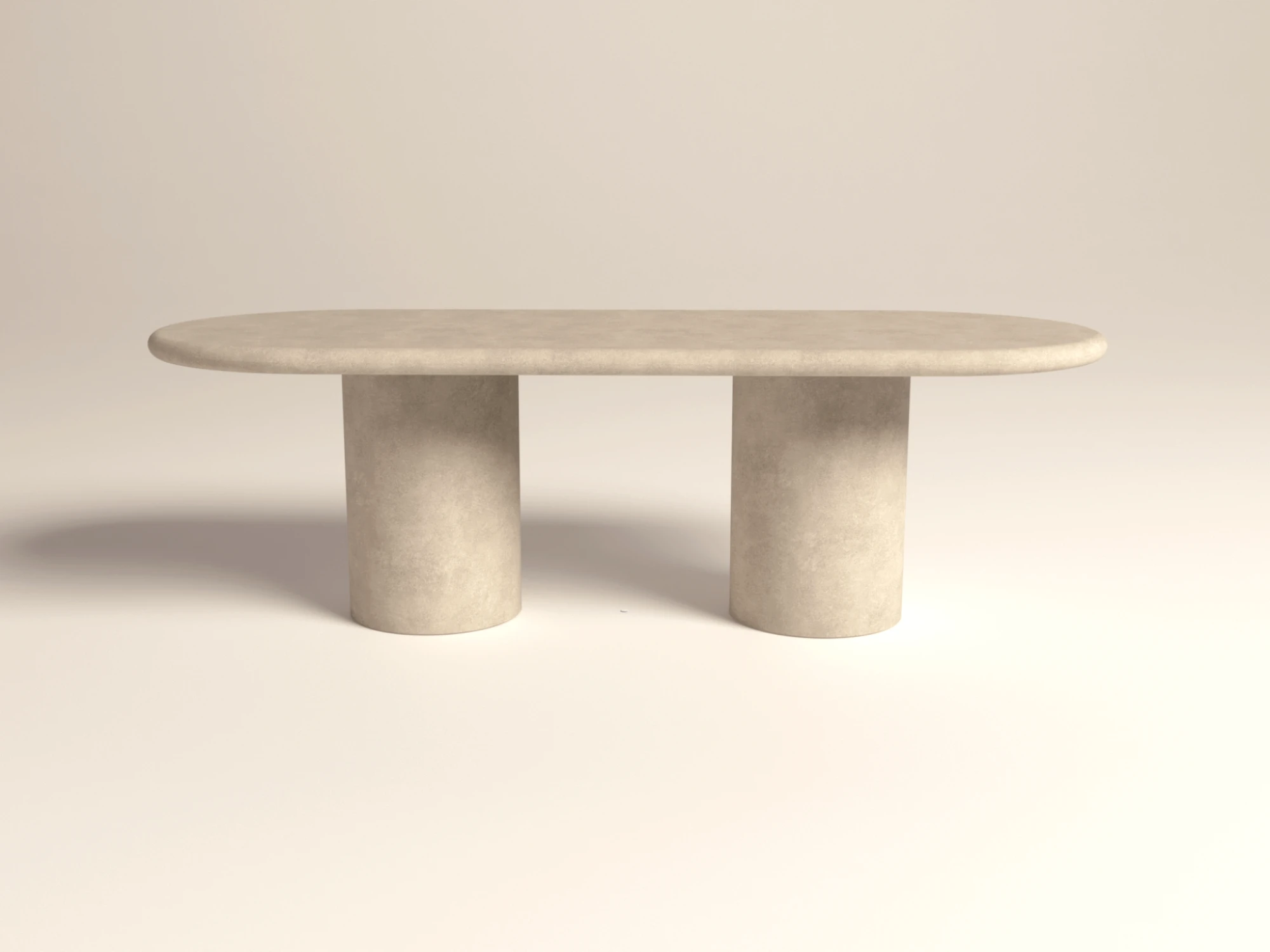 pill-shape-concrete-dining-table-double-pedestal-soft-modern-dune-londoon Oval, pill-shape concrete dining table with double circular pedestal base. Bespoke design from London Studio, shown in sand dune colour.