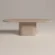 Pill-shaped, round and soft edge pedestal base dining table. racetrack shaped top has a matching pedestal base, finished in clay colour polished concrete. shown in soft light side view shot in London Studio UK.