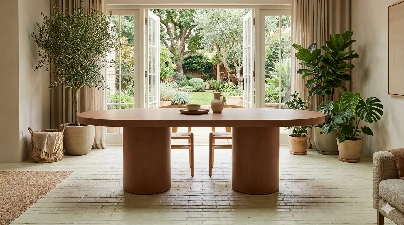 Pill-shape, round concrete dining table shot. A Mediterranean style modern British interior.