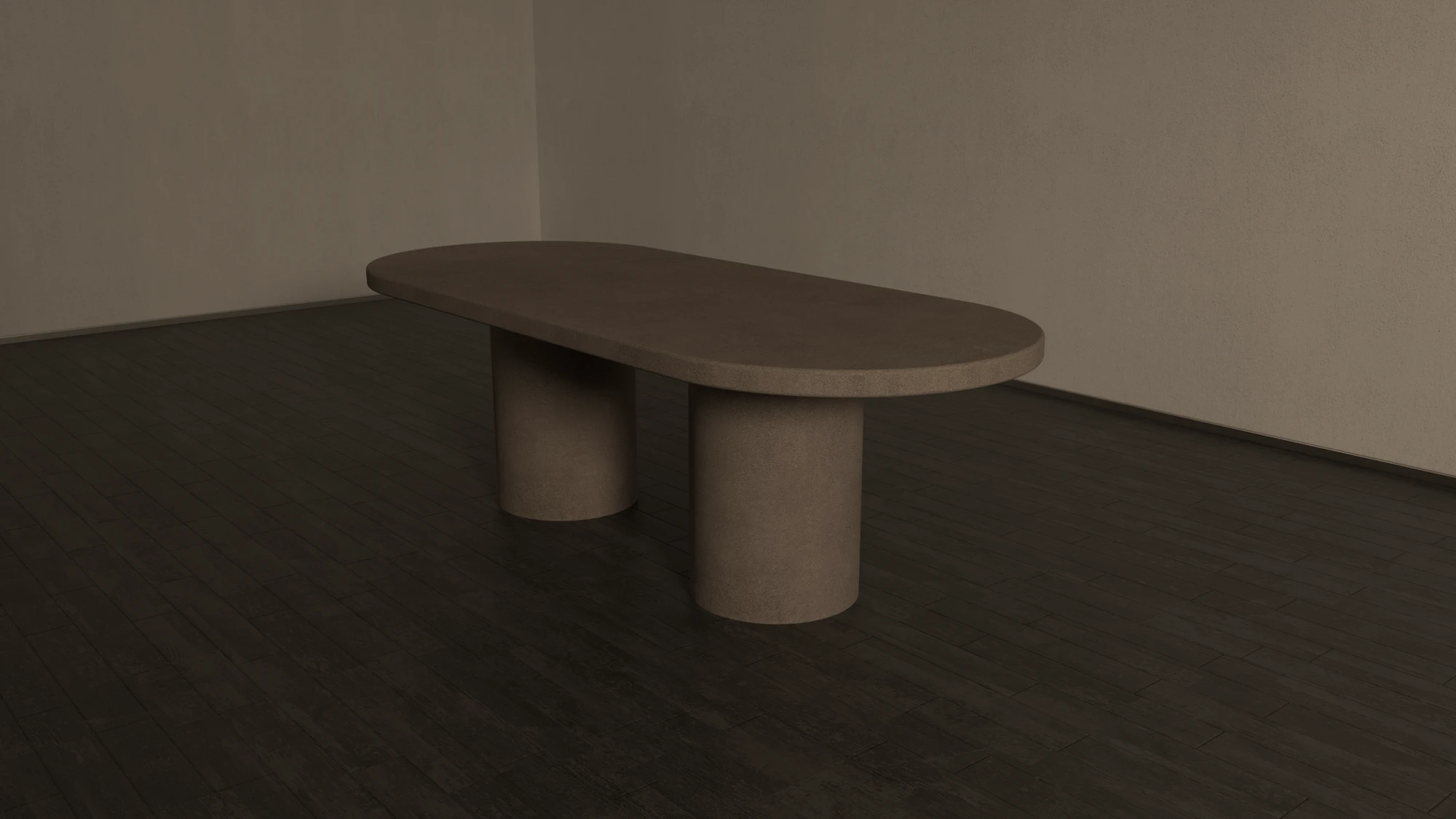 pill-shaped-concrete-dining-table-nature-colour-cross-view Pill shaped concrete dining table with double circular pedestal base. Cross angle view of table, showing soft modern design lines.