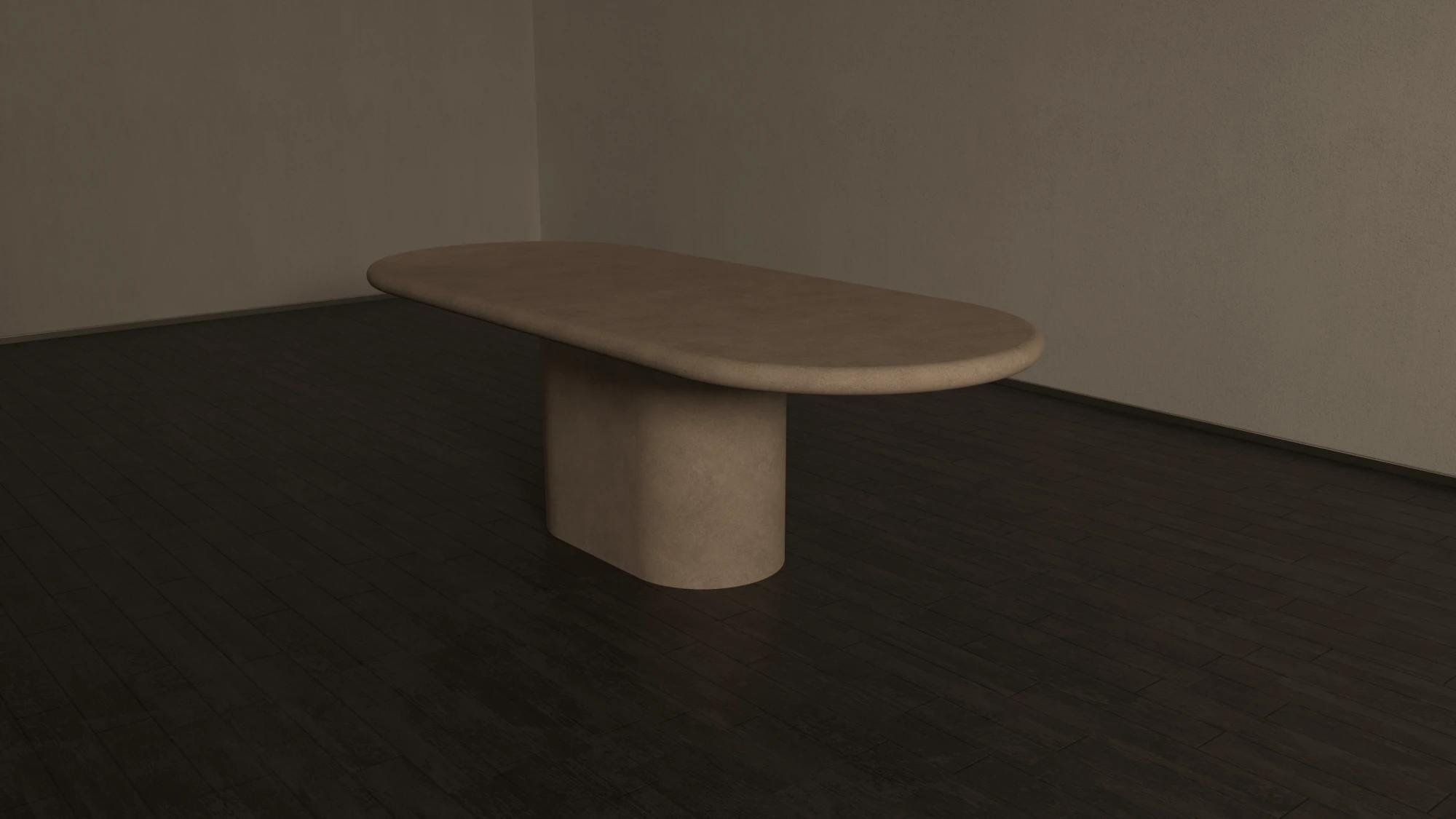 pill-shaped-dining-table-pedestal-clay-colour-cross-view-uk A cross-angle view of round rectangular dining table. clay colour polished concrete made in London for UK interiors.