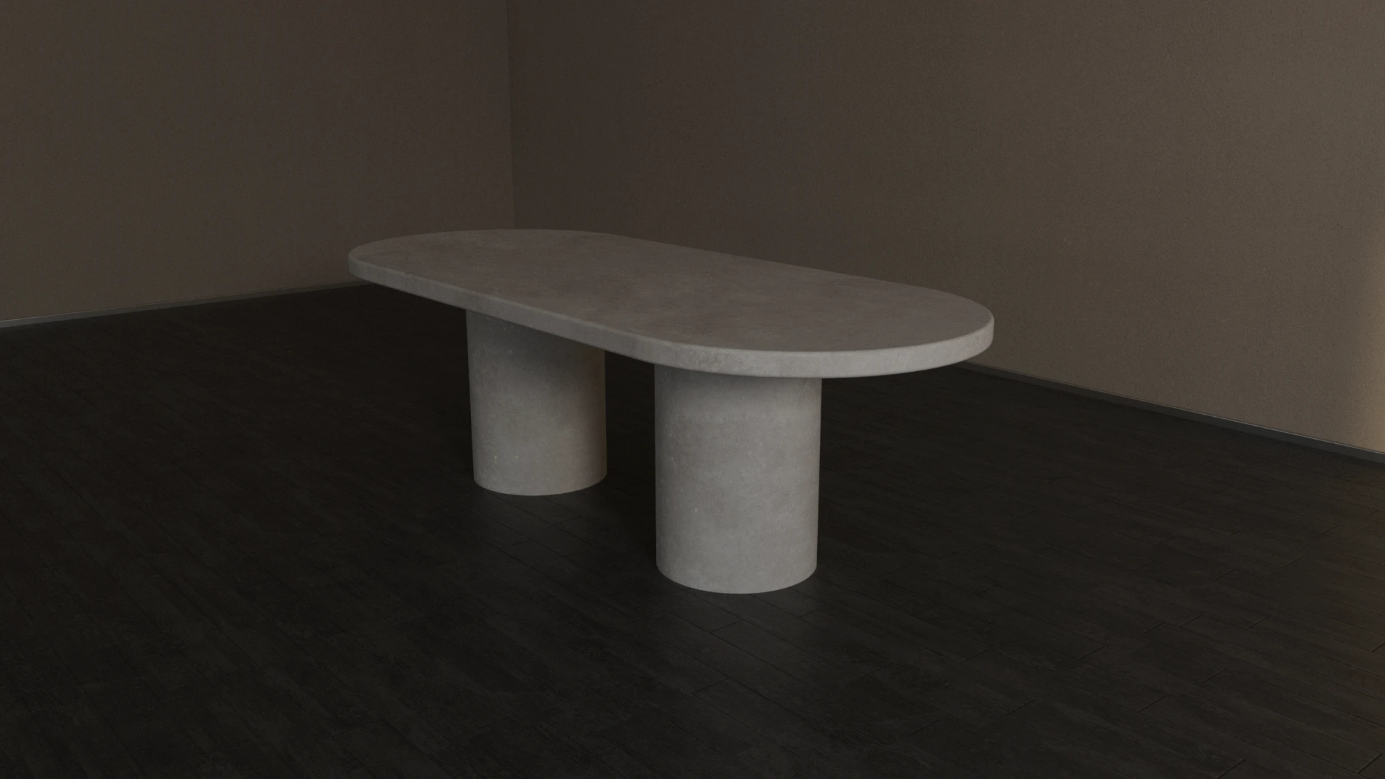 pill-shaped-dining-table-stone-white-double-pedestal Front angle view of Double pedestal, pill-shape dining table. Made with gfrc concrete in pearls white colour.