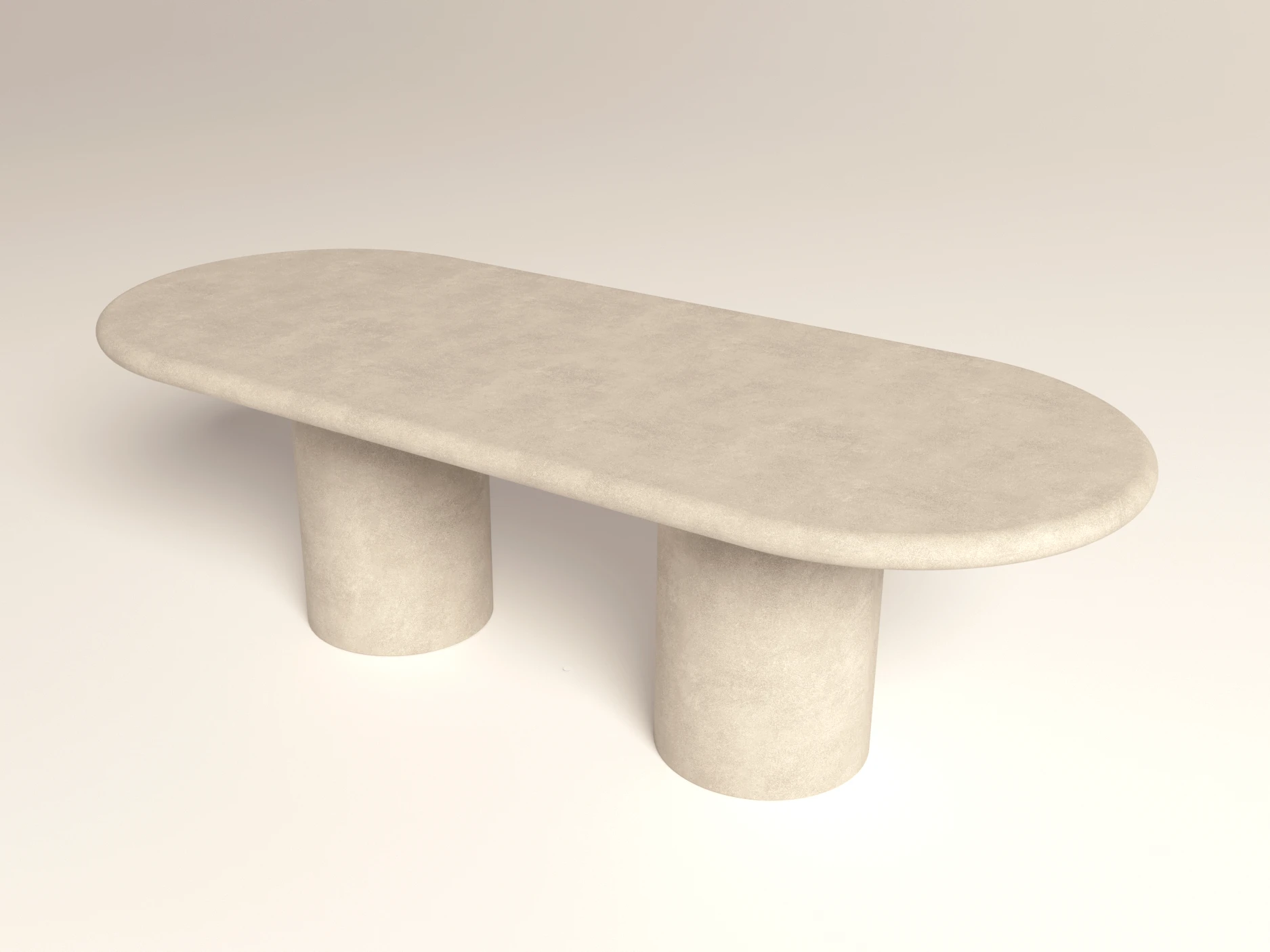 pill-shaped-oval-concrete-dining-table-london-uk-nature-colour-cross-view Oval Concrete Dining Table with double column base. top view in sand dune finish -handmade by GumiWorks London Studio.