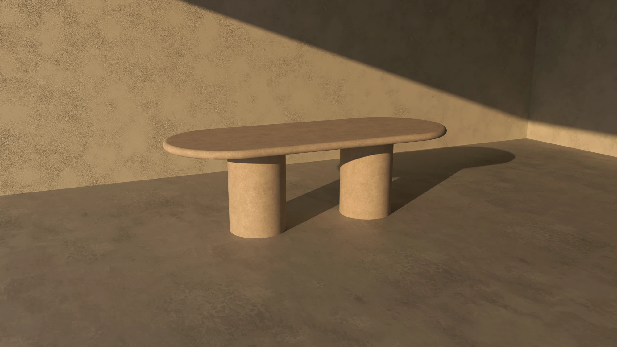 pill-shaped-racetrack-diningg-table-polished-concrete-soft-minimalist-perspective-view Pill shaped, racetrack dining table in soft light. Side view of polished concrete dining table.