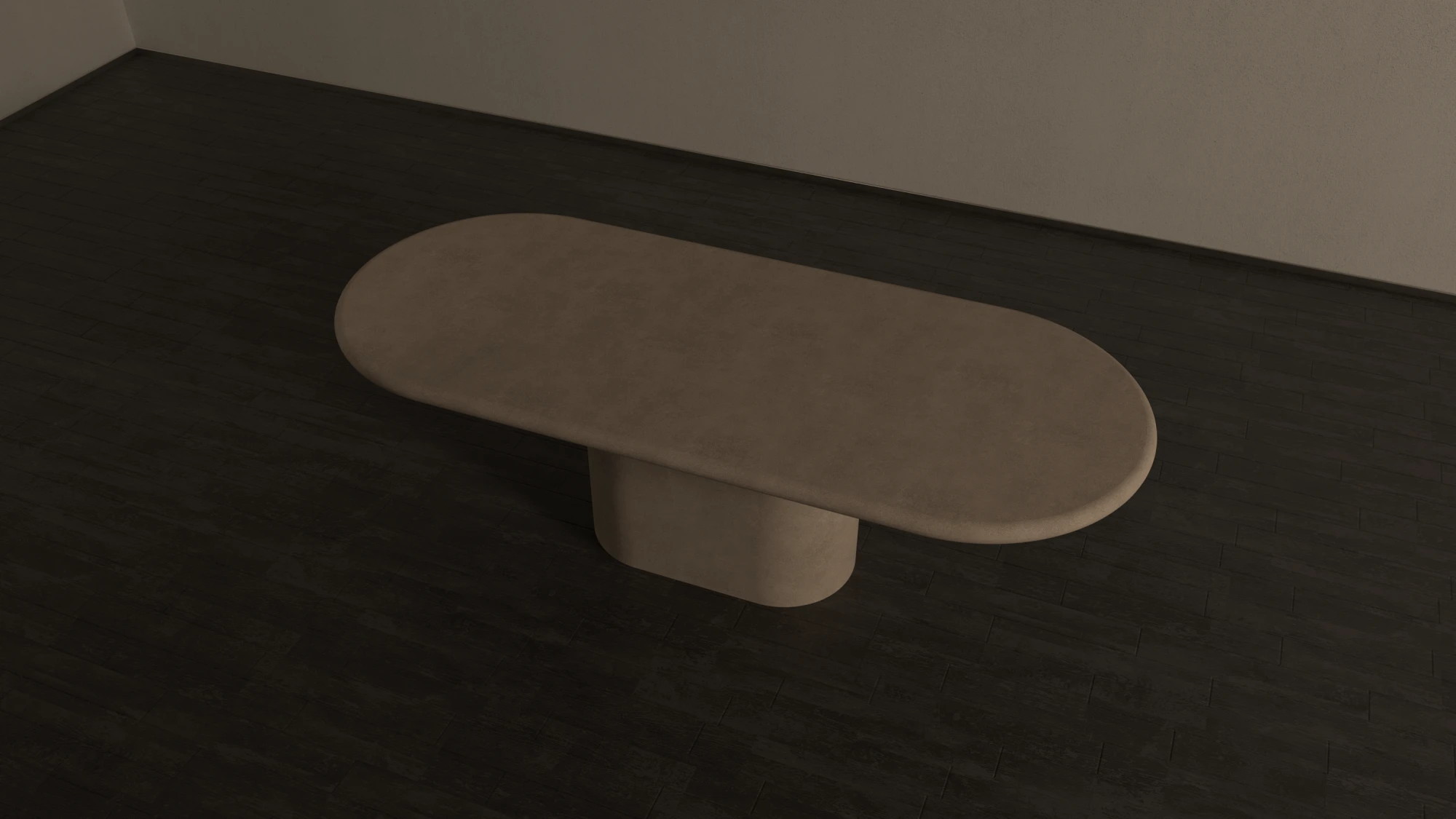 racetrack-shape-table-high-end-interior-uk-top-view Racetrack shape table, concrete dining table with pill shape pedestal base. a high-end table made of polished concrete in clay colour. Top view of table in London UK workshop