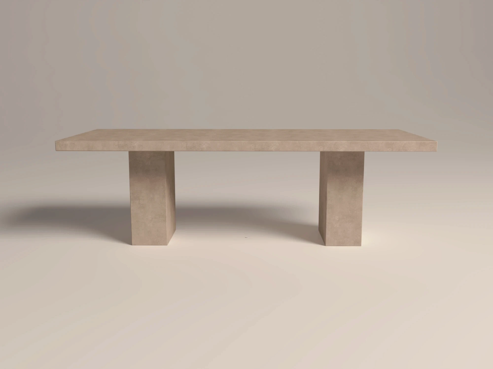 Concrete rectangle dining table with double monolithic base. Custom colour and sizes for UK interiors.