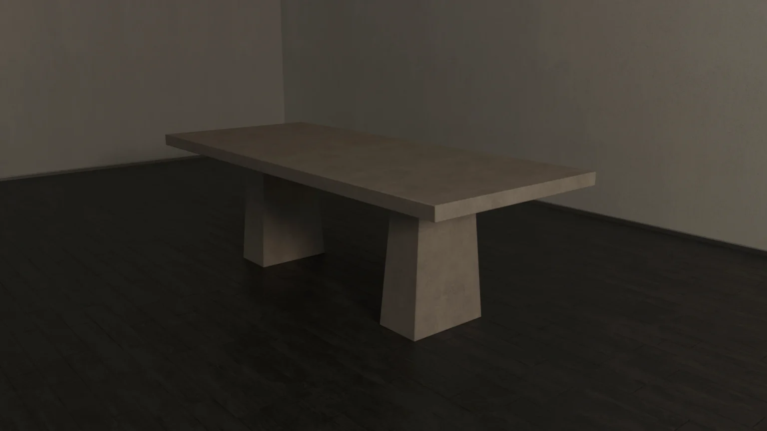 rectangular-concrete-dining-table-double-architectural-pedestal-minimalist-crooss-view-uk Rectangular concrete dining table with architectural trapezoid double pedestal base. Cross angle view of table, finished in sand colour polished concrete.