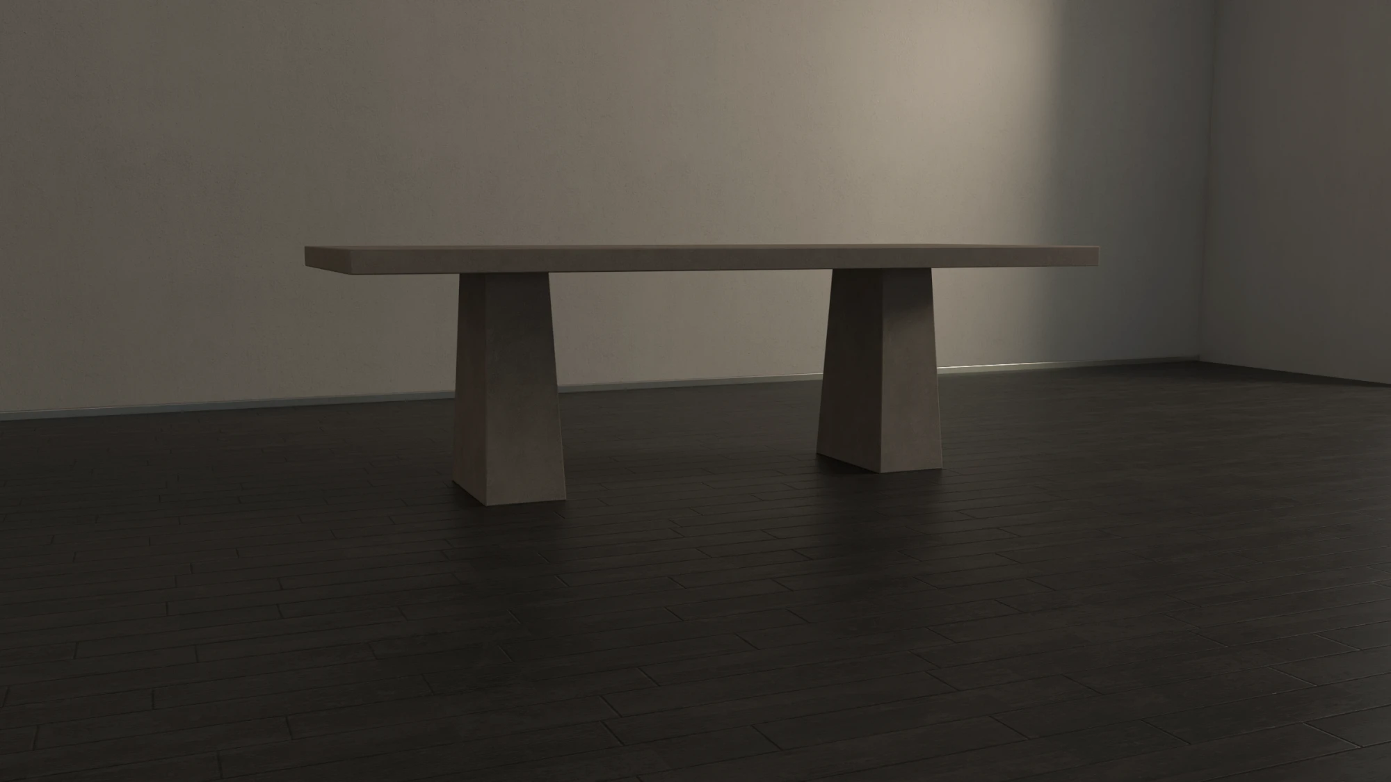 Rectangular concrete dining table with architectural trapezoid double pedestal base. Lower back view of table, finished in sand colour polished concrete.