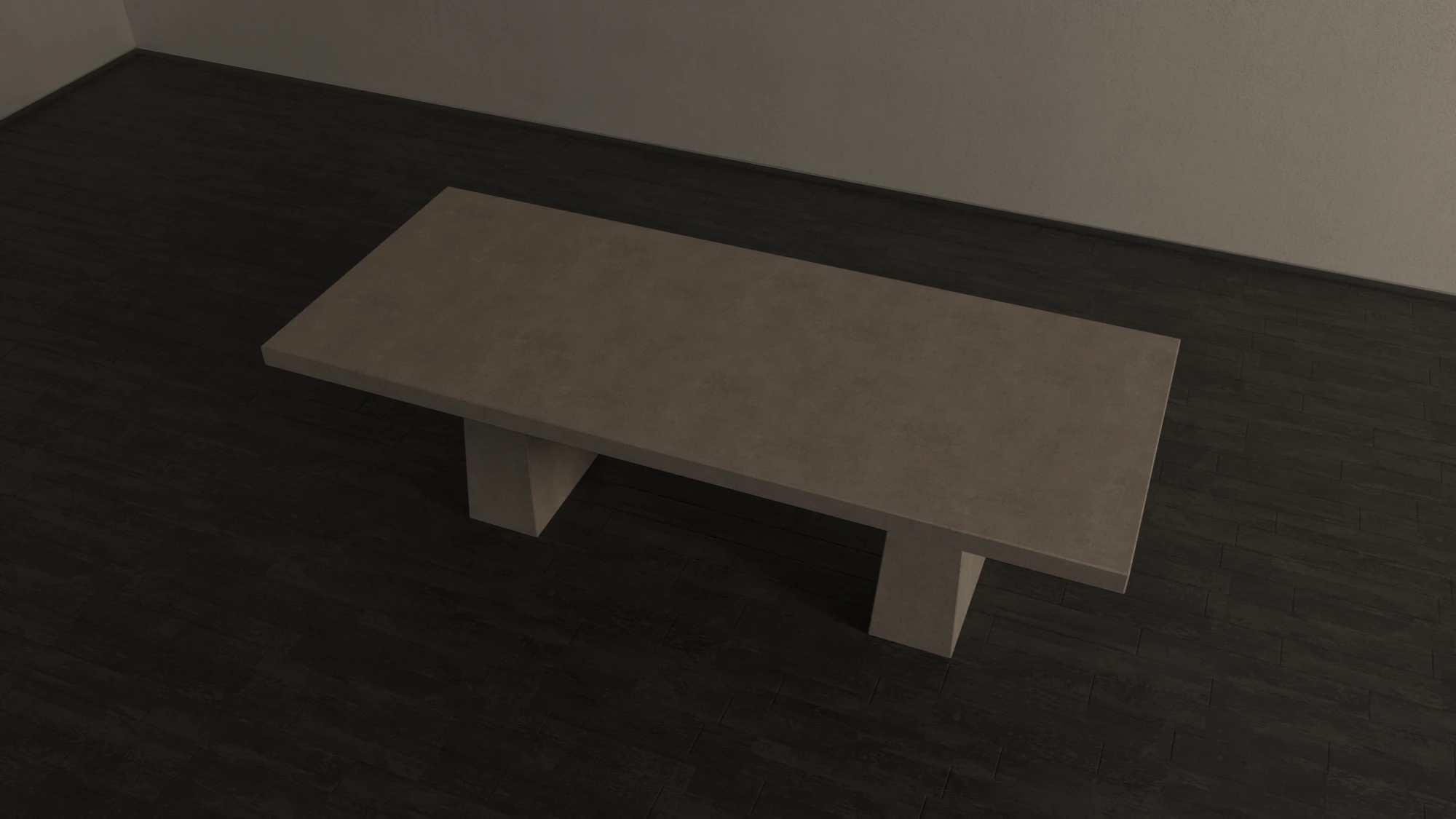 Rectangular concrete dining table with architectural trapezoid double pedestal base. Top view of table, finished in sand colour polished concrete.